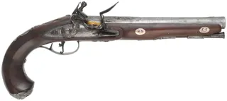 Antique R. Wilson Holster Pistol,
.64 caliber smooth bore, 8-3/4" barrel,
flintlock, walnut, iron,
antique parts, restocked